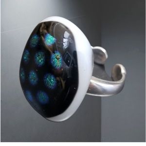 Signed Paula Radke Dichroic Glass and Sterling Silver Adjustable Ring
